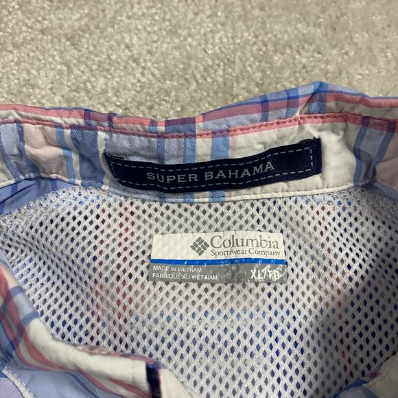Columbia PFG Super Bahama Shirt Mens XL Blue Pink Plaid Fishing Vented Button Up - Picture 2 of 9